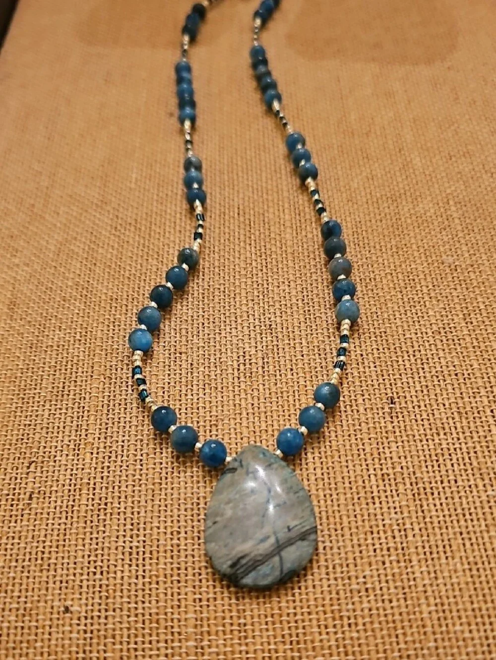 Blue Beaded Necklace with Natural Stone Pendant - Women's Jewelry